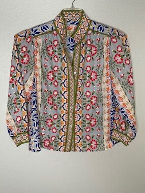 Mixed Floral Print Boho Button Up Blouse Vintage Size L